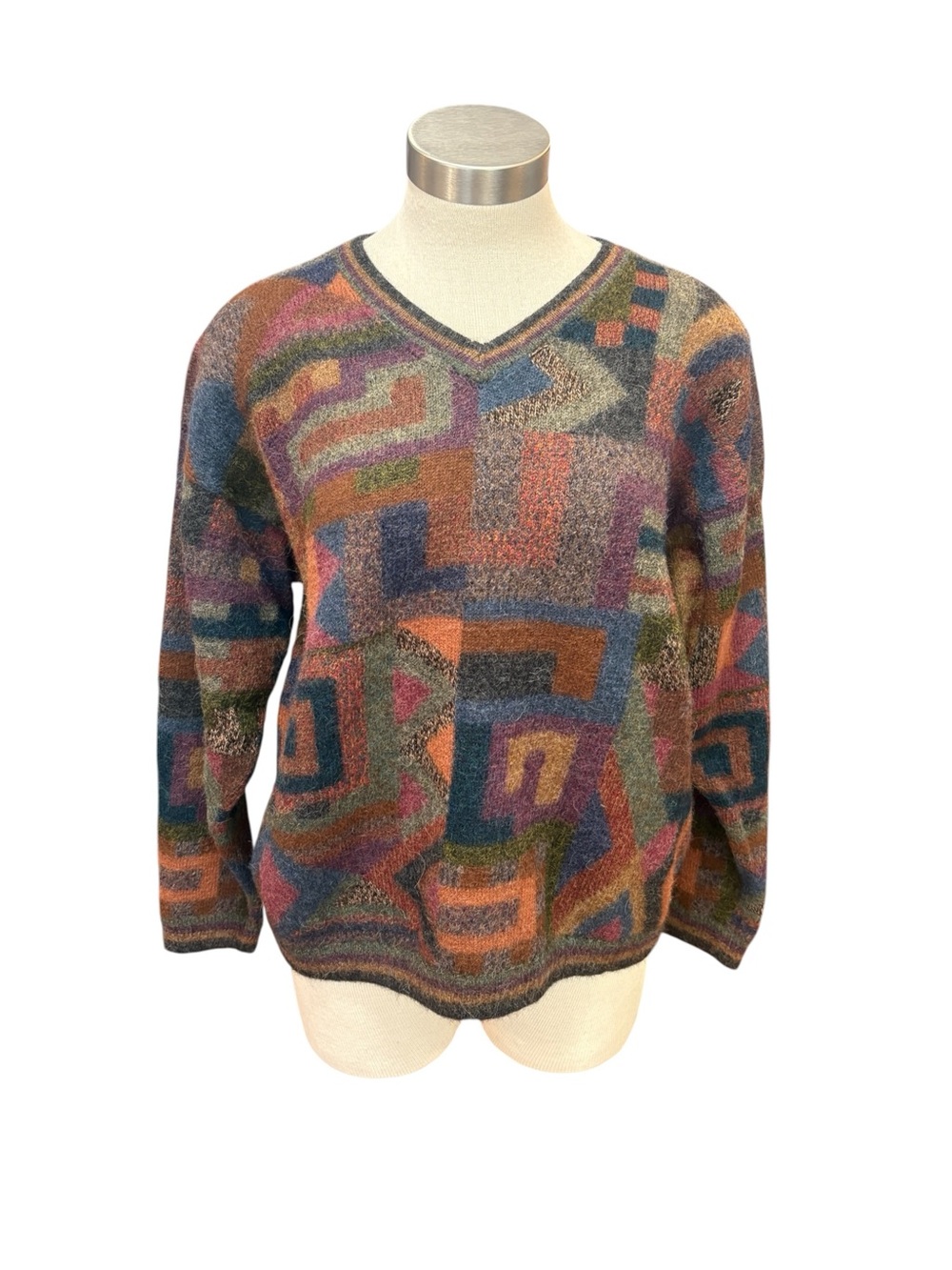 Artesanias Del Ande 100% Alpaca Multi Abstract V-Neck Sweater XL